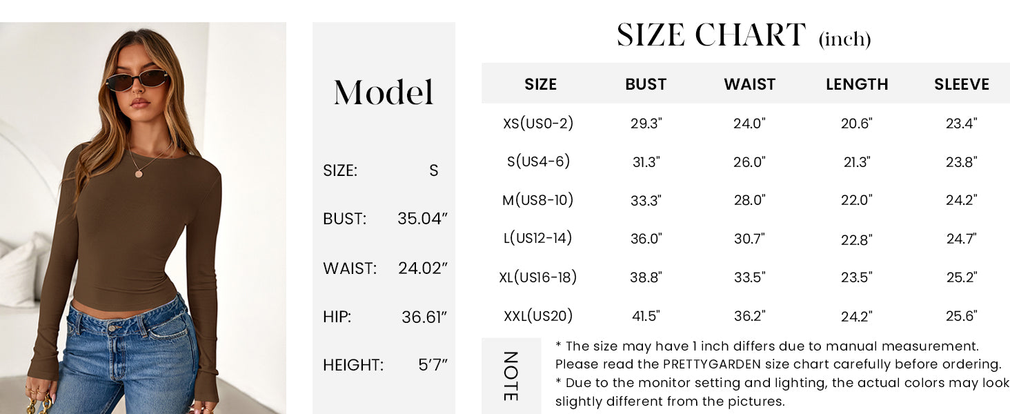PRETTYGARDEN Womens Summer Fall Long Sleeve Shirts Ribbed Knit Fitted Basic Tee Going Out Tops Underscrub Casual Outfits