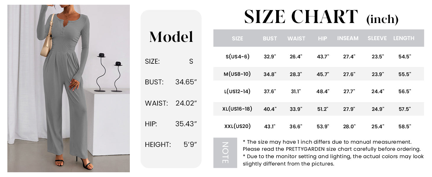 PRETTYGARDEN Jumpsuits for Women Dressy Casual Fall One Piece Outfits Long Sleeve Crew Neck Wide Leg Pants Rompers