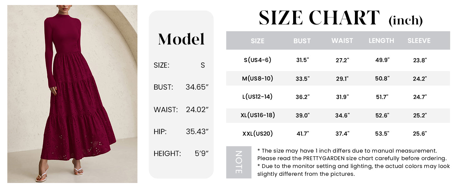 PRETTYGARDEN Long Sleeve Dress for Women Fall Eyelet Mock Neck A Line Elegant Classy Maxi Wedding Guest Dresses Pockets