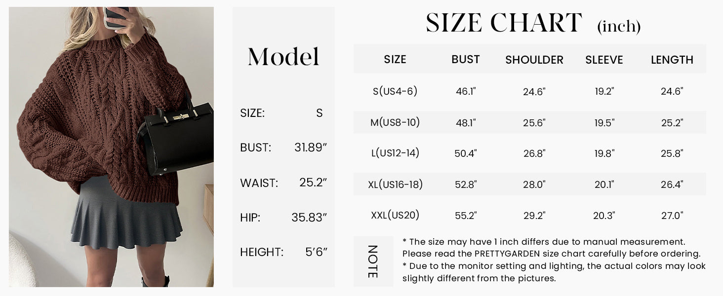 PRETTYGARDEN Women's Oversized Fall Sweaters Casual Long Sleeve Crewneck Chunky Cable Knit Pullover Tops Winter Clothes