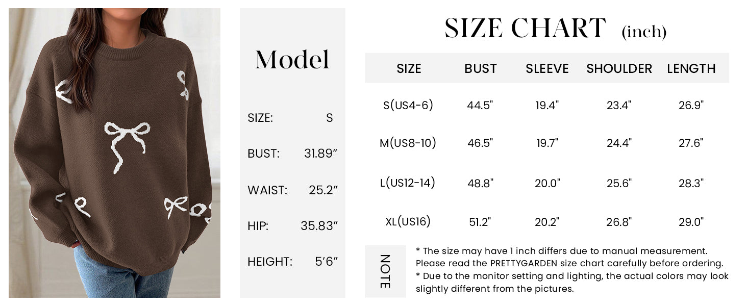 PRETTYGARDEN Fall Long Sleeve Pullover Sweaters for Women Trendy Crewneck Casual Cute Bow Chunky Knit Oversized Sweater