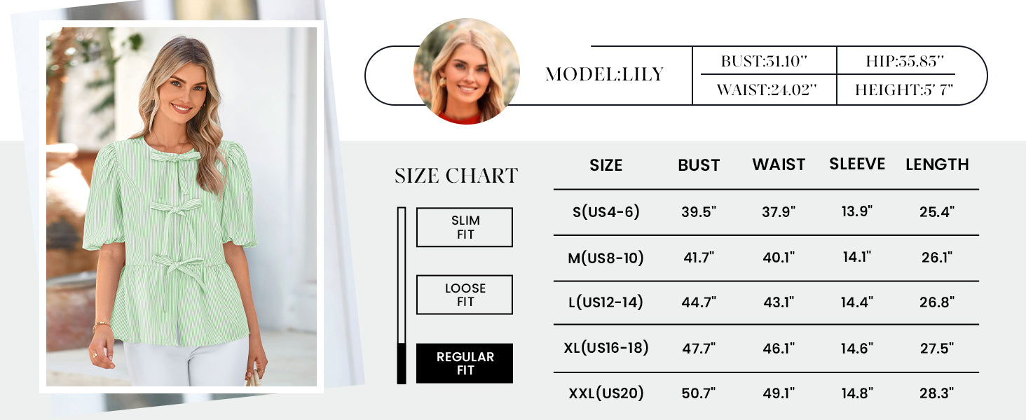 PRETTYGARDEN Women's Tie Front Striped Shirt Summer Trendy Fashion Cute Babydoll Tops Peplum Puffy Sleeve Blouse