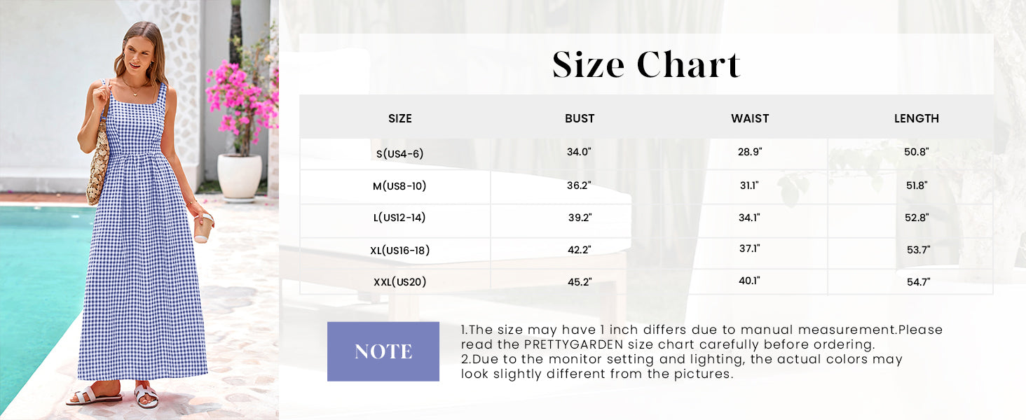 PRETTYGARDEN Women's Summer Spaghetti Strap Maxi Dresses Plaid Square Neck A Line Casual Beach Vacation Long Sundress