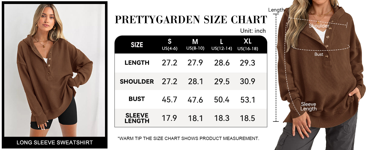 PRETTYGARDEN Womens Fashion Oversized Long Sleeve Hoodie Button Down V Neck Sweatshirt Side Slit Casual Pullover Tops
