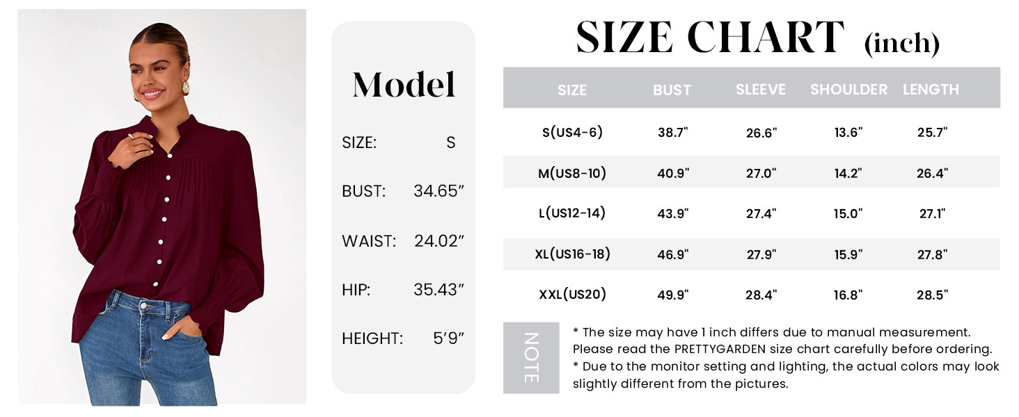 PRETTYGARDEN Womens Fall Lantern Long Sleeve Shirts Trendy Button V Neck Pleated Henley Tops Loose Work Blouses