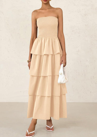 PRETTYGARDEN Maxi Dresses for Women Off Shoulder Smocked Tiered Ruffle Long Flowy Wedding Guest Dress