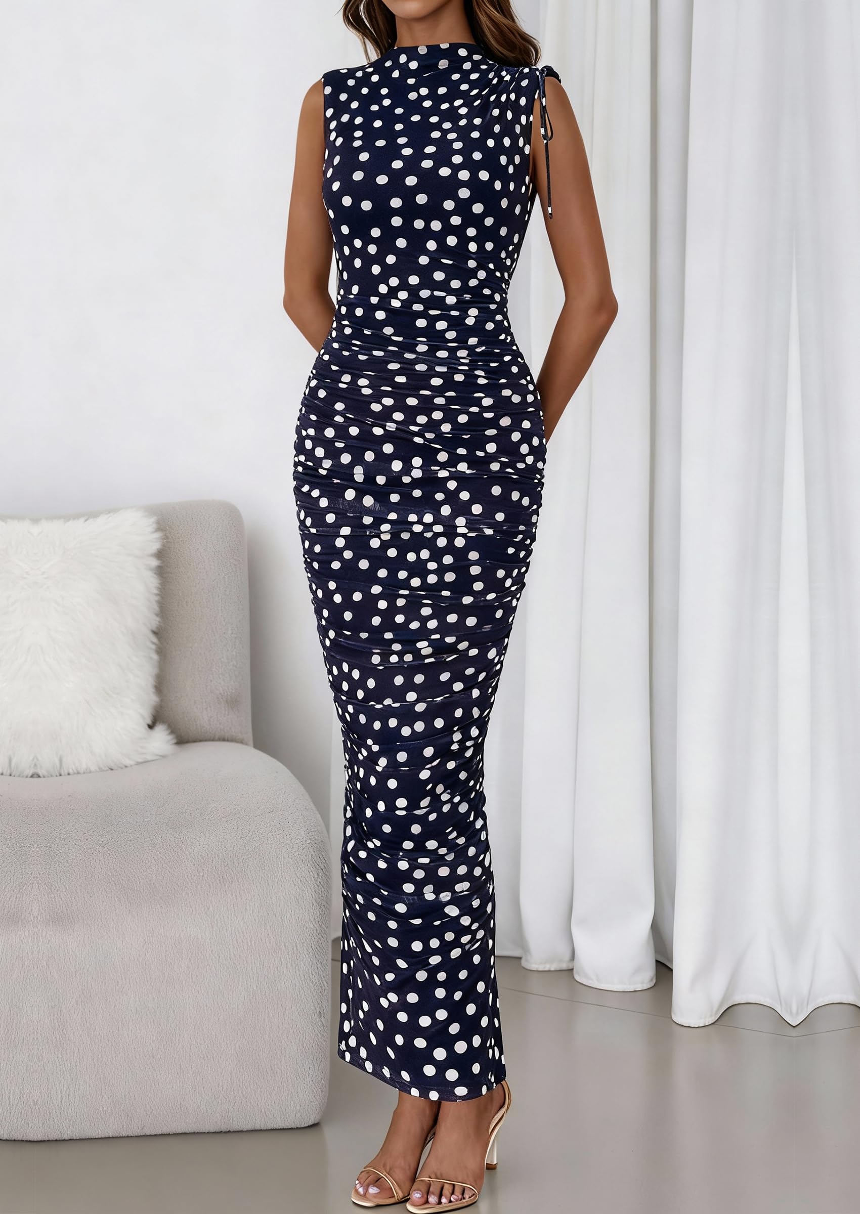 PRETTYGARDEN Women's Summer Maxi Floral Dresses Ruched Bodycon Sleeveless Mesh Formal Wedding Guest Cocktail Split Long Dress PRETTYGARDEN