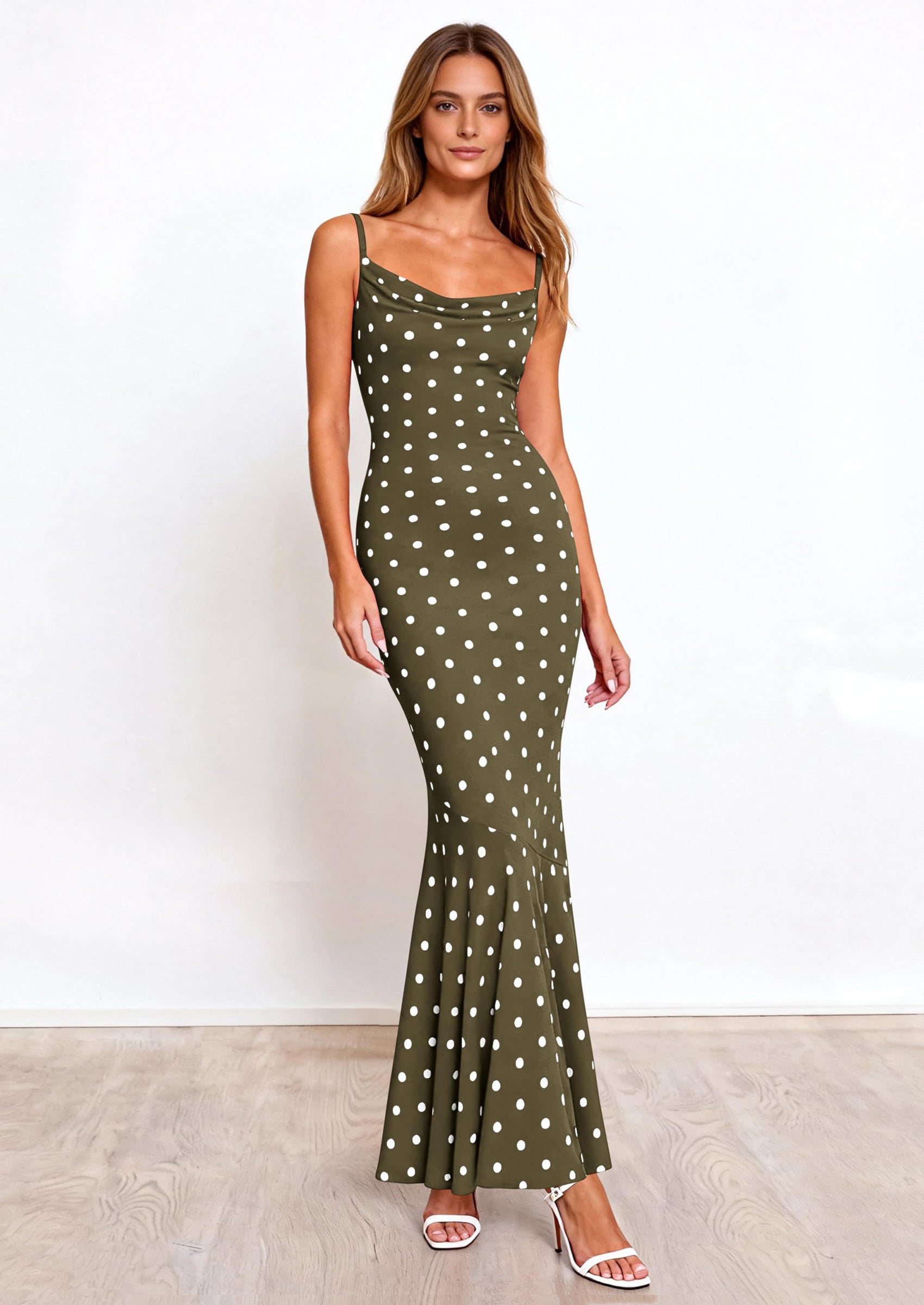 PRETTYGARDEN Womens Summer Dresses Polka Dot Spaghetti Strap Cowl Neck Bodycon Wedding Cocktail Mermaid Maxi Dress PRETTYGARDEN