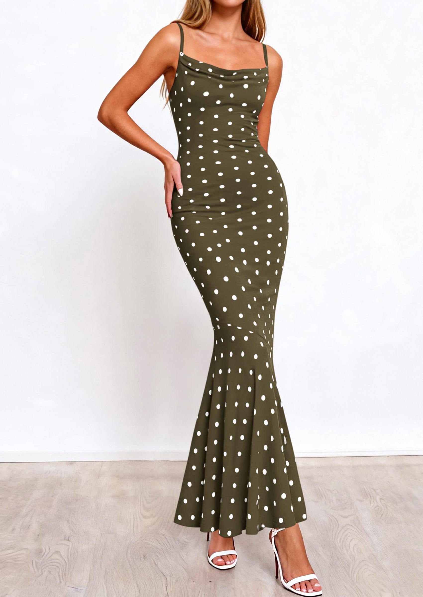 PRETTYGARDEN Womens Summer Dresses Polka Dot Spaghetti Strap Cowl Neck Bodycon Wedding Cocktail Mermaid Maxi Dress PRETTYGARDEN