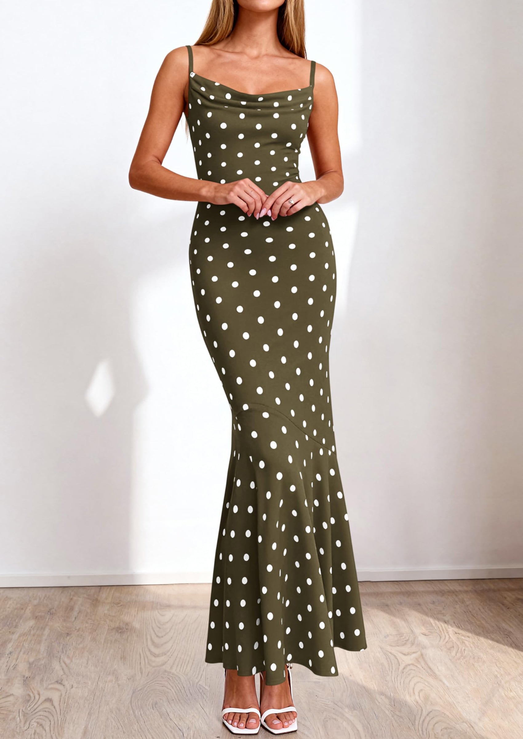 PRETTYGARDEN Womens Summer Dresses Polka Dot Spaghetti Strap Cowl Neck Bodycon Wedding Cocktail Mermaid Maxi Dress PRETTYGARDEN