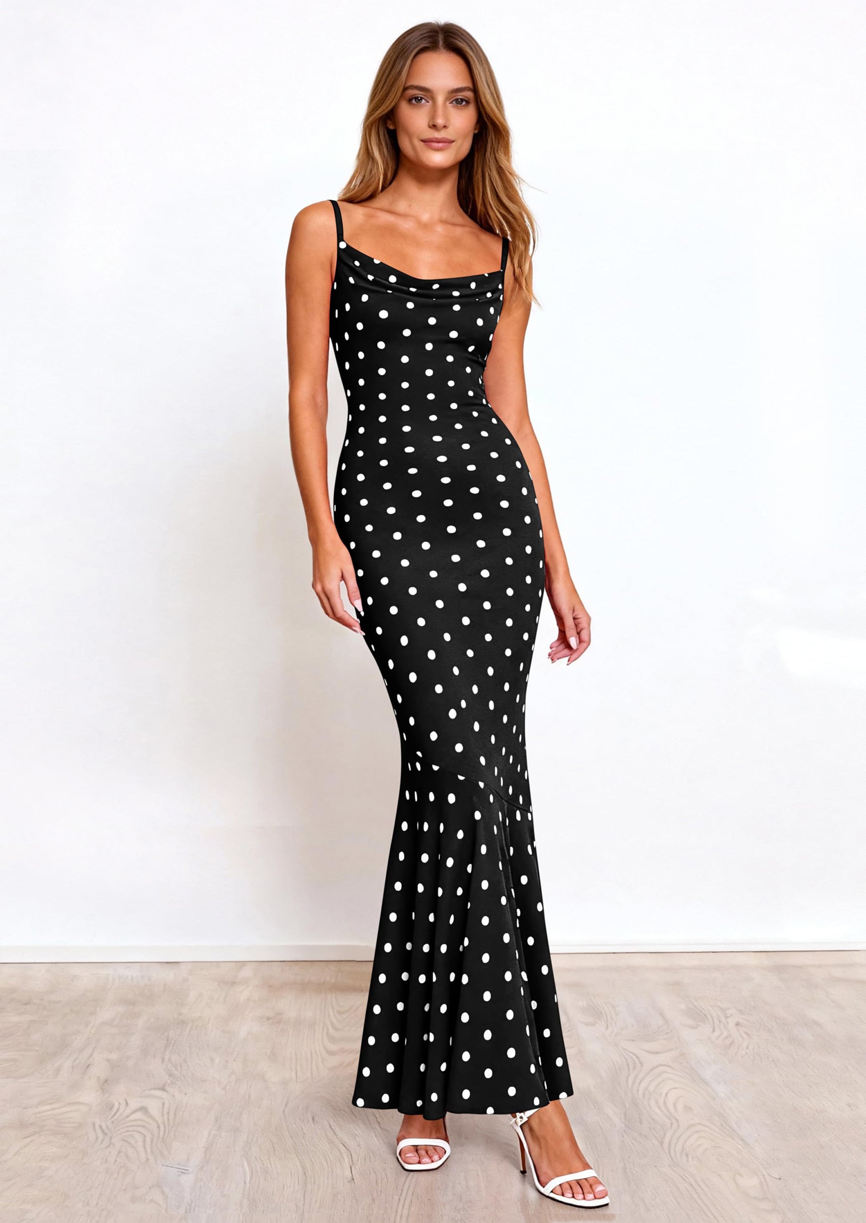 PRETTYGARDEN Womens Summer Dresses Polka Dot Spaghetti Strap Cowl Neck Bodycon Wedding Cocktail Mermaid Maxi Dress PRETTYGARDEN