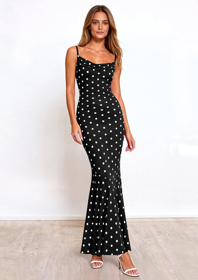 PRETTYGARDEN Womens Summer Dresses Polka Dot Spaghetti Strap Cowl Neck Bodycon Wedding Cocktail Mermaid Maxi Dress PRETTYGARDEN