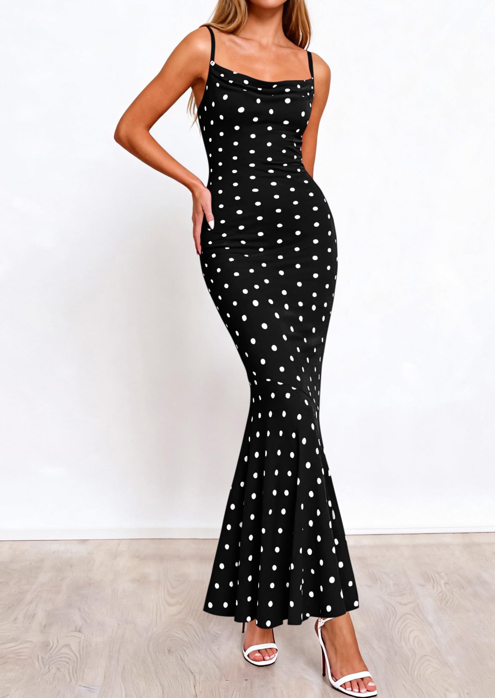 PRETTYGARDEN Womens Summer Dresses Polka Dot Spaghetti Strap Cowl Neck Bodycon Wedding Cocktail Mermaid Maxi Dress PRETTYGARDEN