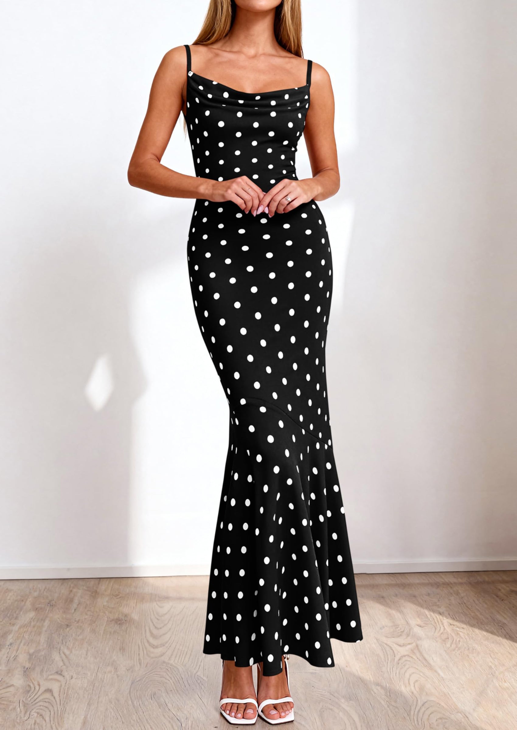 PRETTYGARDEN Womens Summer Dresses Polka Dot Spaghetti Strap Cowl Neck Bodycon Wedding Cocktail Mermaid Maxi Dress PRETTYGARDEN