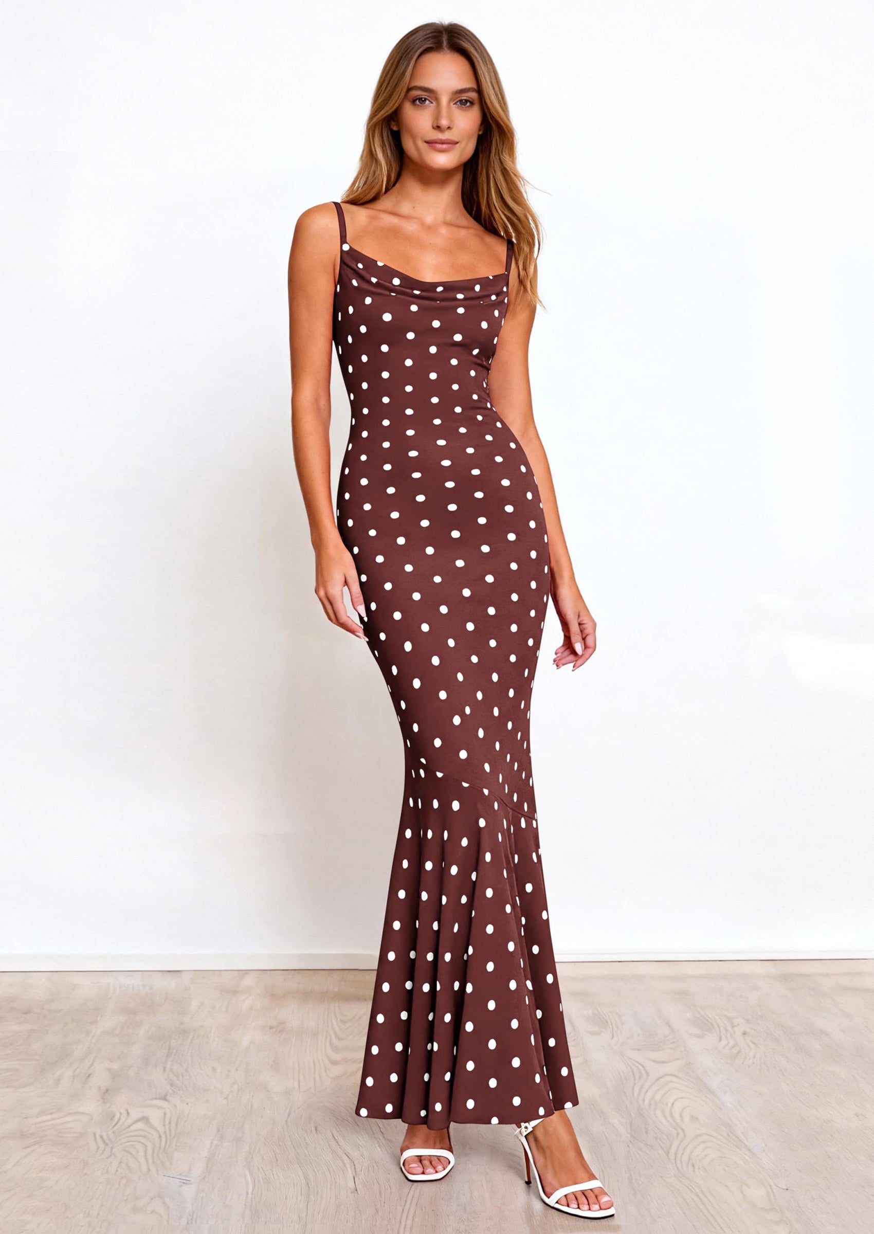 PRETTYGARDEN Womens Summer Dresses Polka Dot Spaghetti Strap Cowl Neck Bodycon Wedding Cocktail Mermaid Maxi Dress PRETTYGARDEN