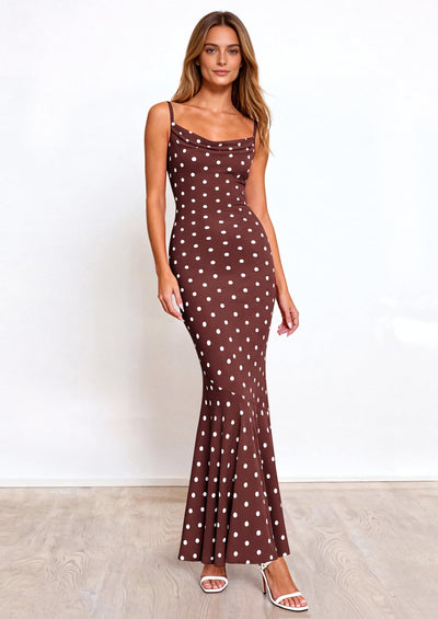 PRETTYGARDEN Womens Summer Dresses Polka Dot Spaghetti Strap Cowl Neck Bodycon Wedding Cocktail Mermaid Maxi Dress PRETTYGARDEN