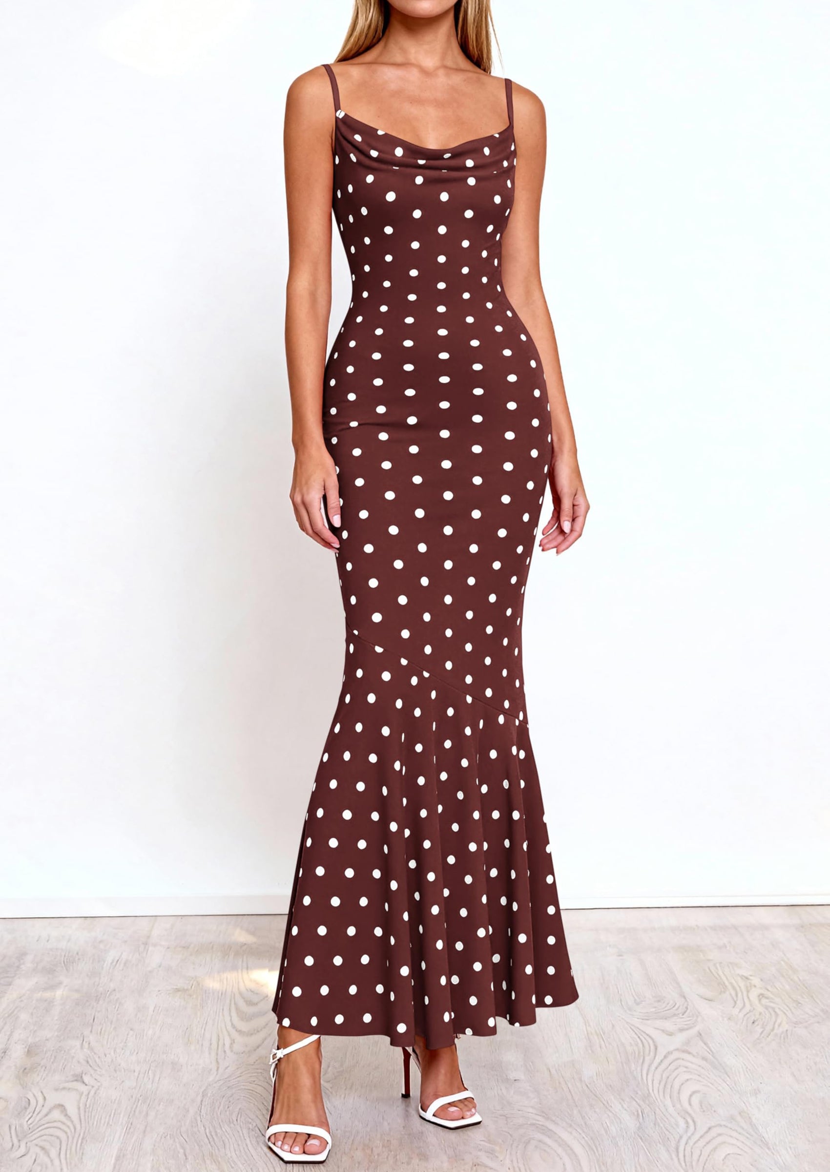 PRETTYGARDEN Womens Summer Dresses Polka Dot Spaghetti Strap Cowl Neck Bodycon Wedding Cocktail Mermaid Maxi Dress PRETTYGARDEN