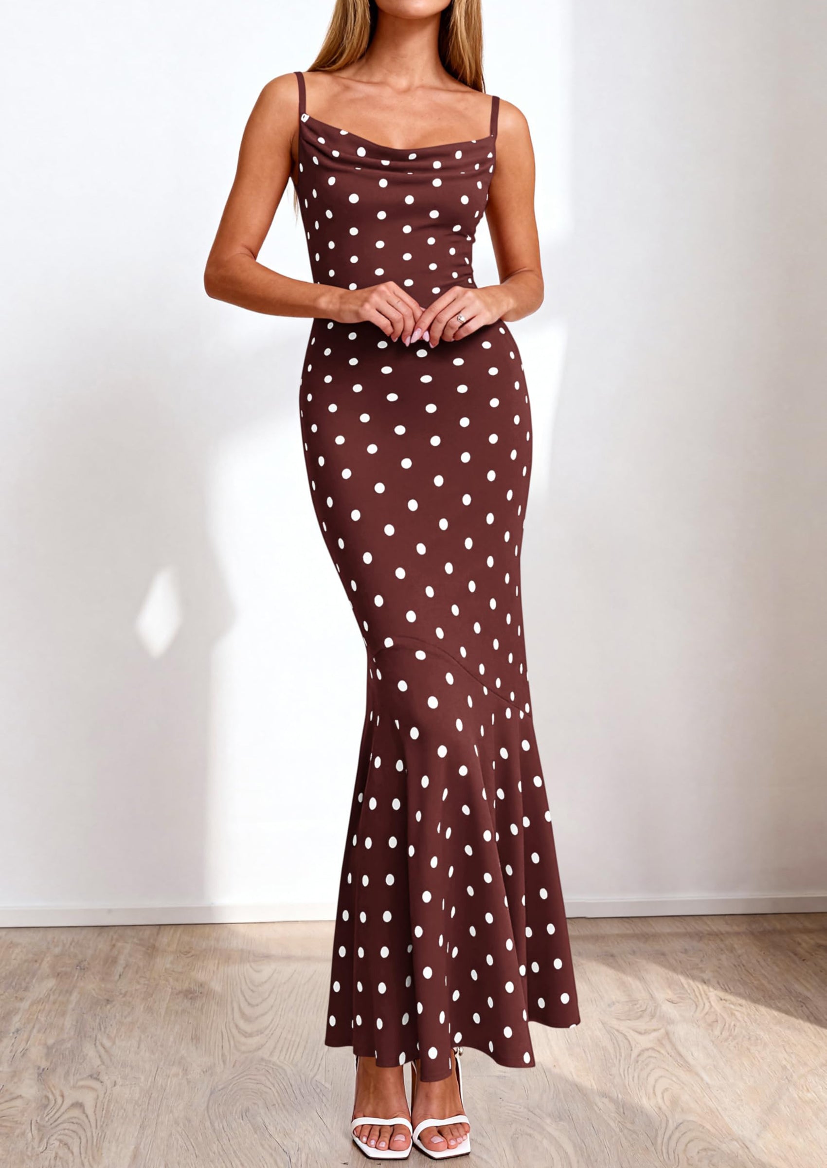 PRETTYGARDEN Womens Summer Dresses Polka Dot Spaghetti Strap Cowl Neck Bodycon Wedding Cocktail Mermaid Maxi Dress PRETTYGARDEN