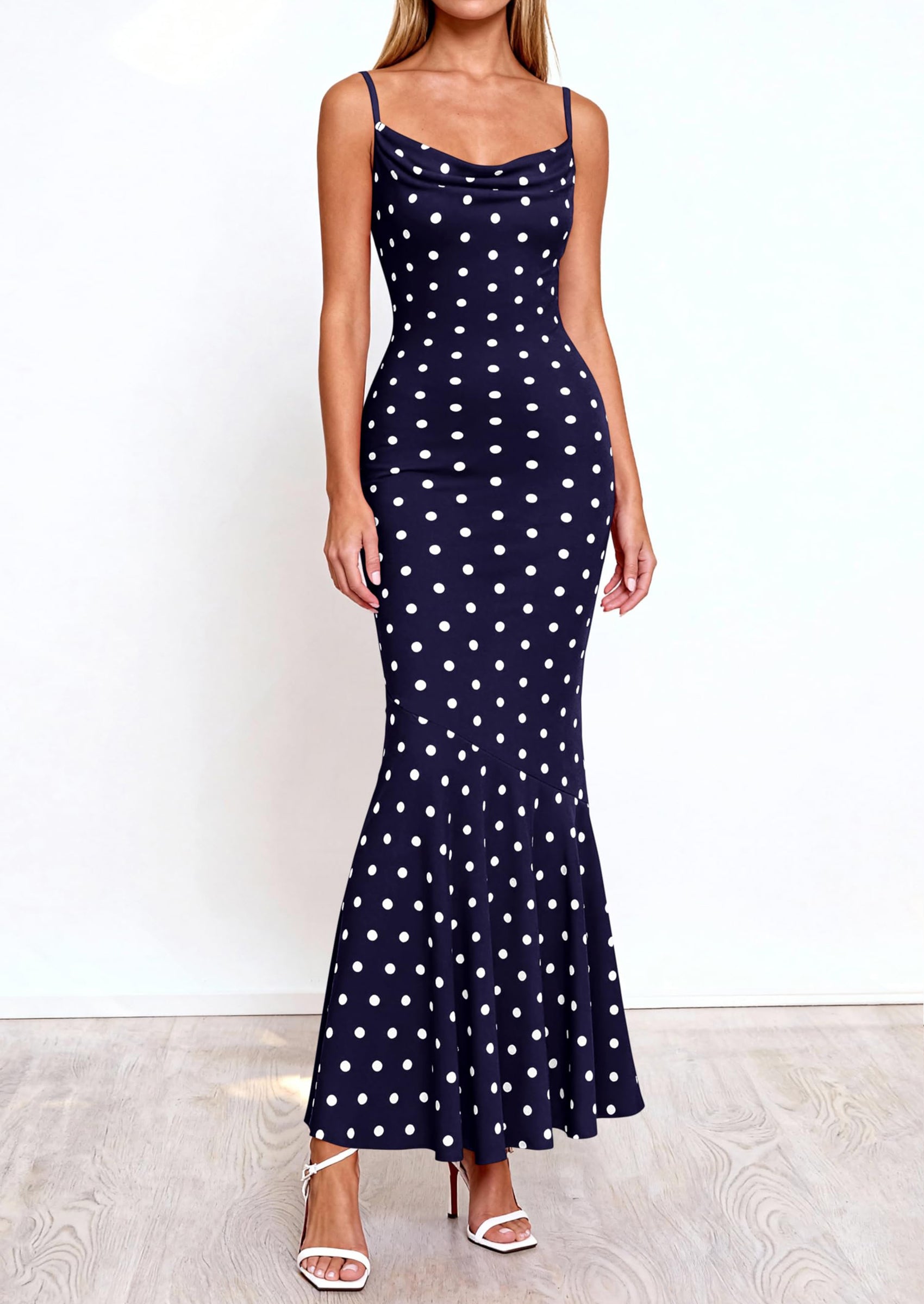PRETTYGARDEN Womens Summer Dresses Polka Dot Spaghetti Strap Cowl Neck Bodycon Wedding Cocktail Mermaid Maxi Dress PRETTYGARDEN