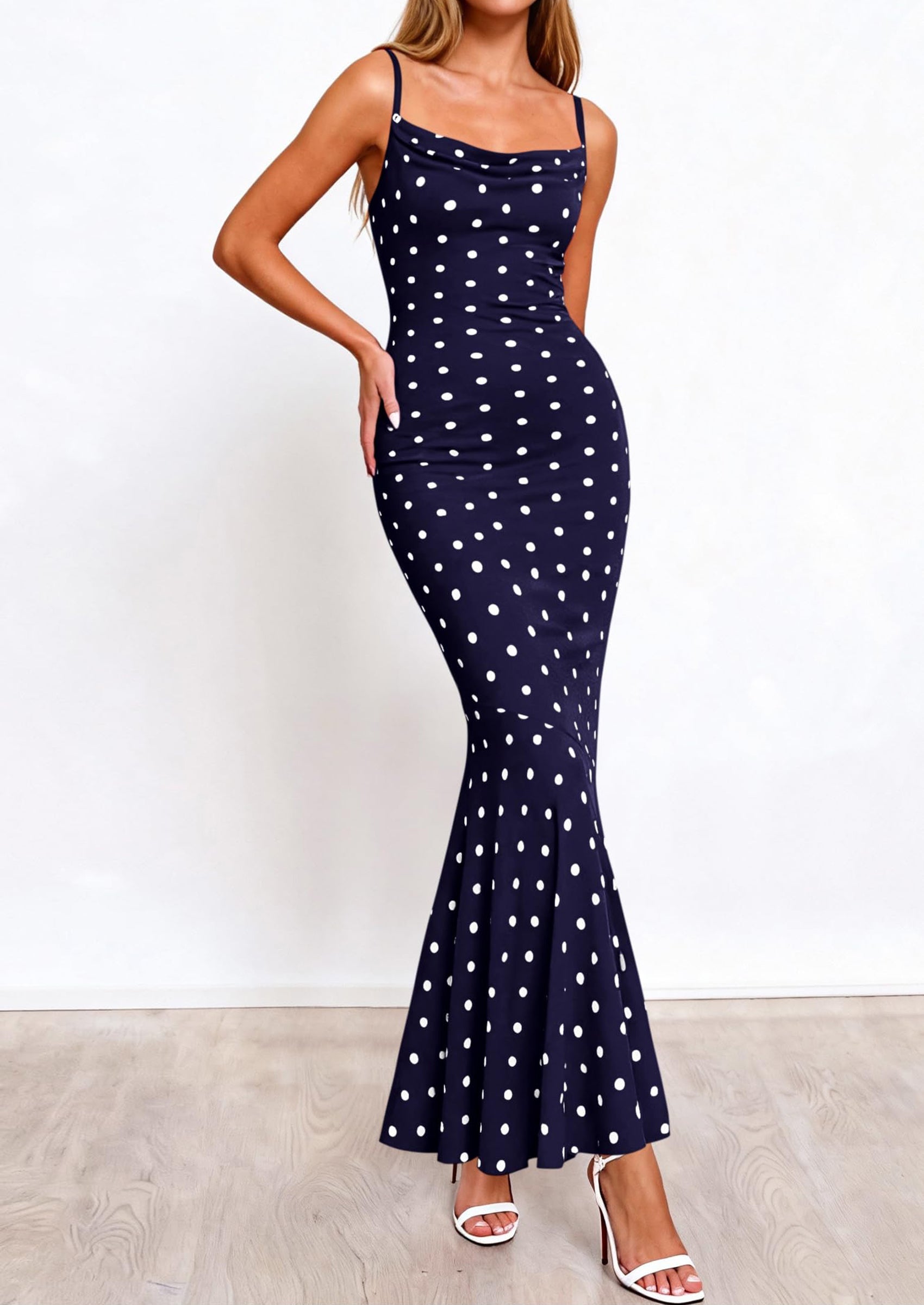 PRETTYGARDEN Womens Summer Dresses Polka Dot Spaghetti Strap Cowl Neck Bodycon Wedding Cocktail Mermaid Maxi Dress PRETTYGARDEN