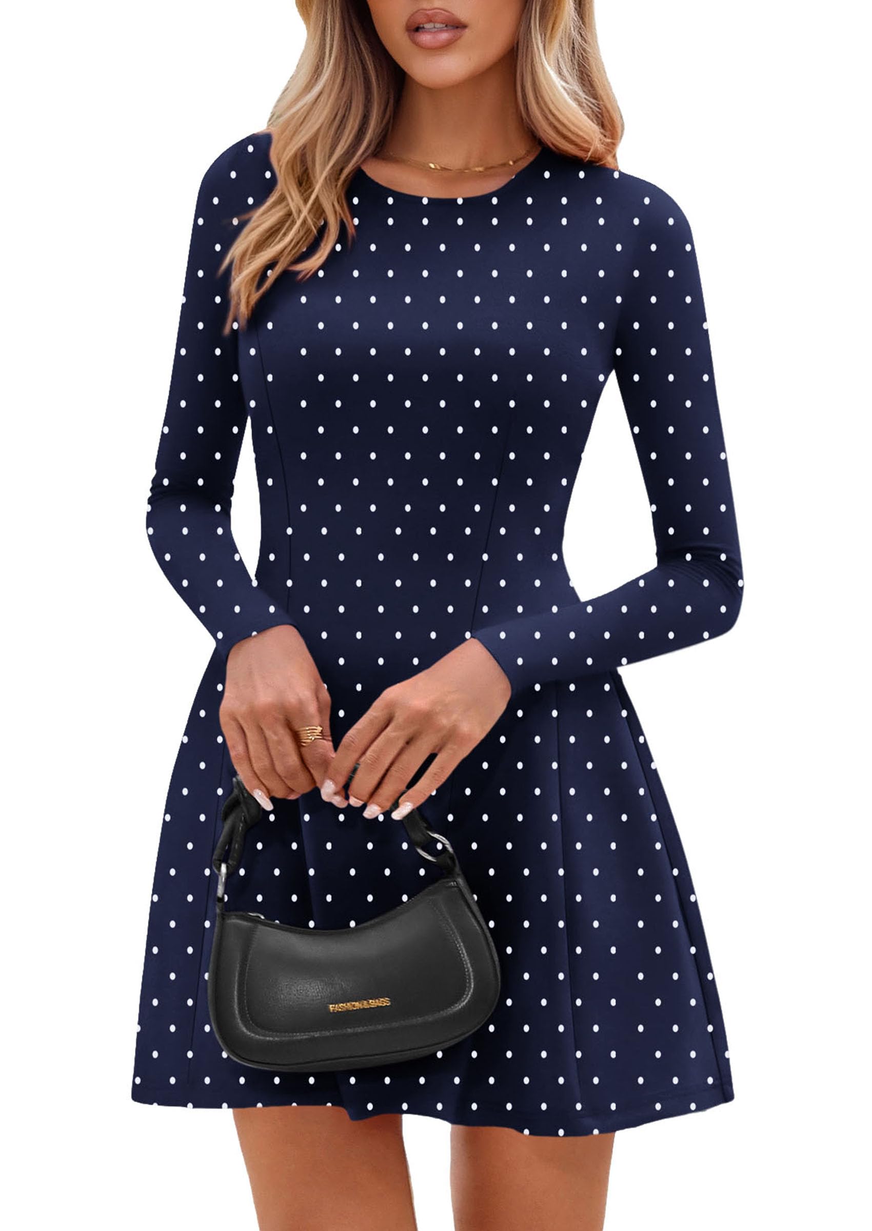 PRETTYGARDEN Long Sleeve Mini Dress for Women Fall Crewneck Knit Pleated Babydoll A Line Soft Casual Short Party Dresses PRETTYGARDEN