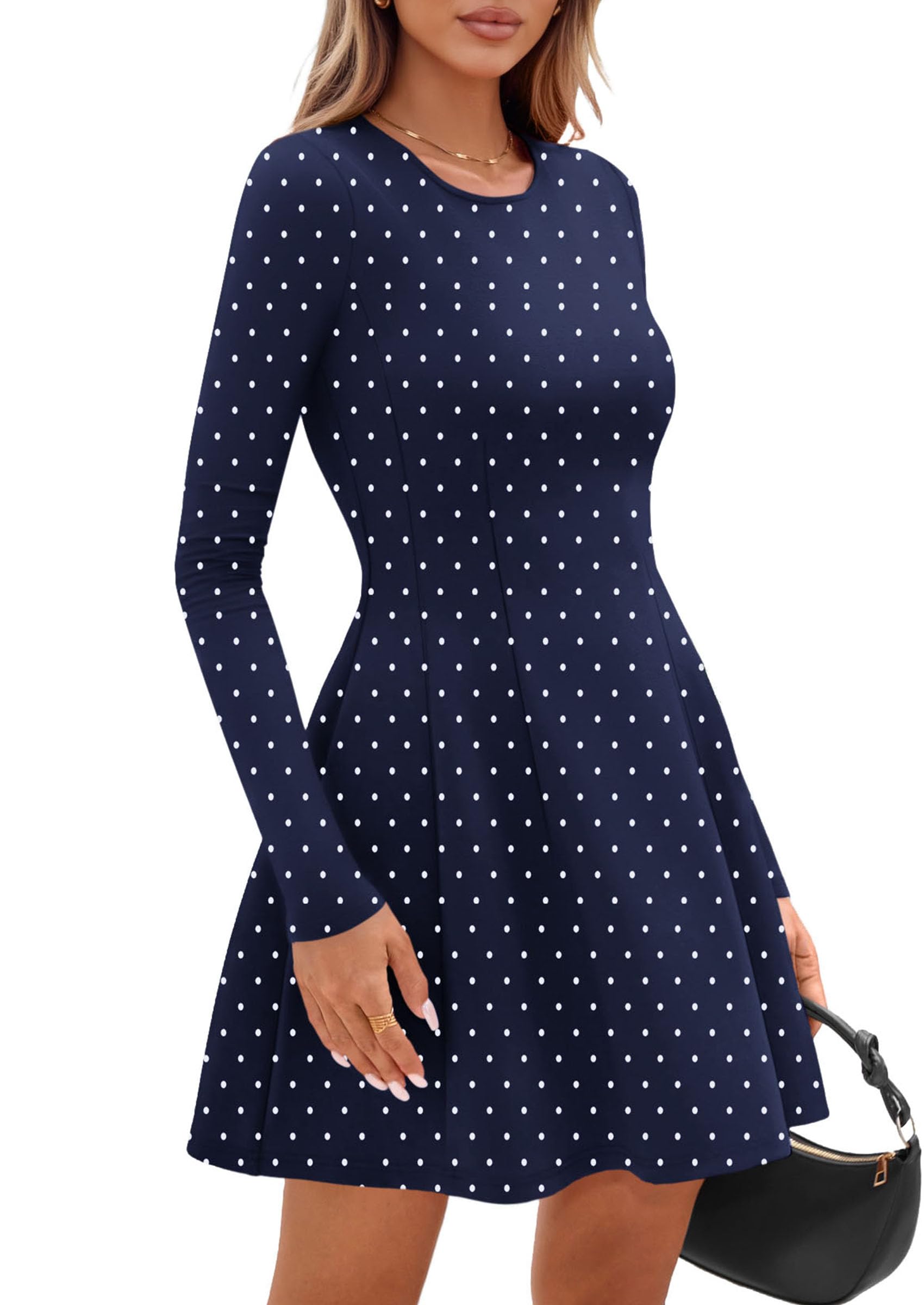 PRETTYGARDEN Long Sleeve Mini Dress for Women Fall Crewneck Knit Pleated Babydoll A Line Soft Casual Short Party Dresses PRETTYGARDEN