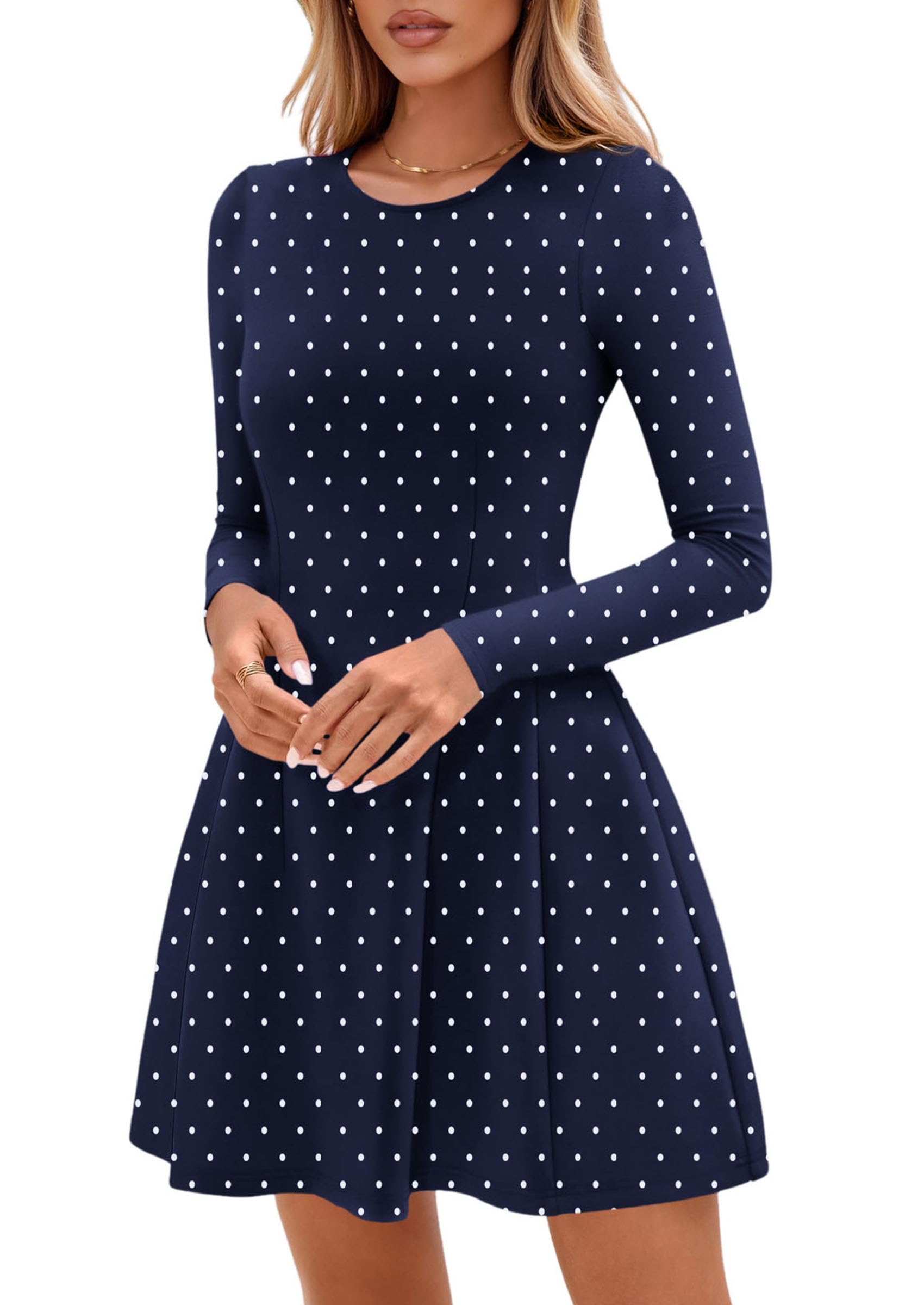 PRETTYGARDEN Long Sleeve Mini Dress for Women Fall Crewneck Knit Pleated Babydoll A Line Soft Casual Short Party Dresses PRETTYGARDEN