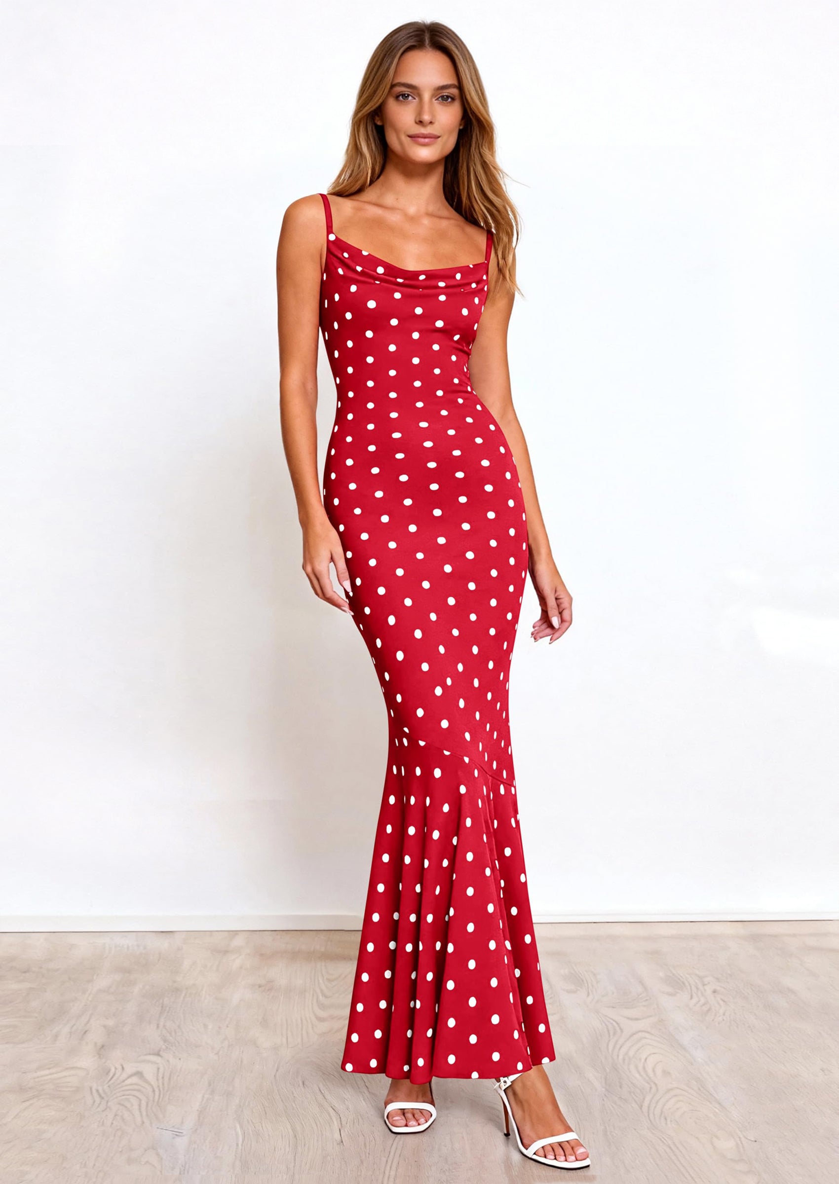PRETTYGARDEN Womens Summer Dresses Polka Dot Spaghetti Strap Cowl Neck Bodycon Wedding Cocktail Mermaid Maxi Dress PRETTYGARDEN