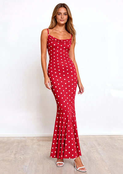 PRETTYGARDEN Womens Summer Dresses Polka Dot Spaghetti Strap Cowl Neck Bodycon Wedding Cocktail Mermaid Maxi Dress PRETTYGARDEN