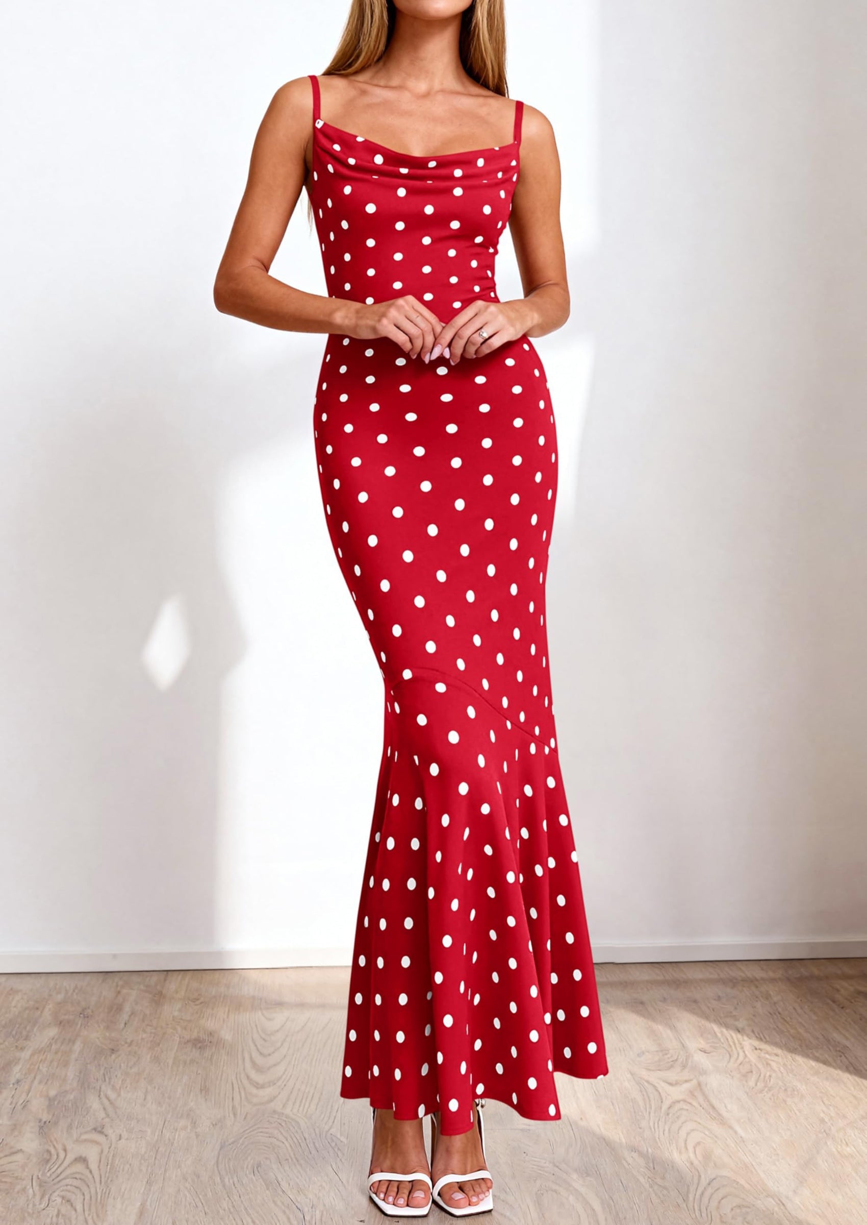 PRETTYGARDEN Womens Summer Dresses Polka Dot Spaghetti Strap Cowl Neck Bodycon Wedding Cocktail Mermaid Maxi Dress PRETTYGARDEN