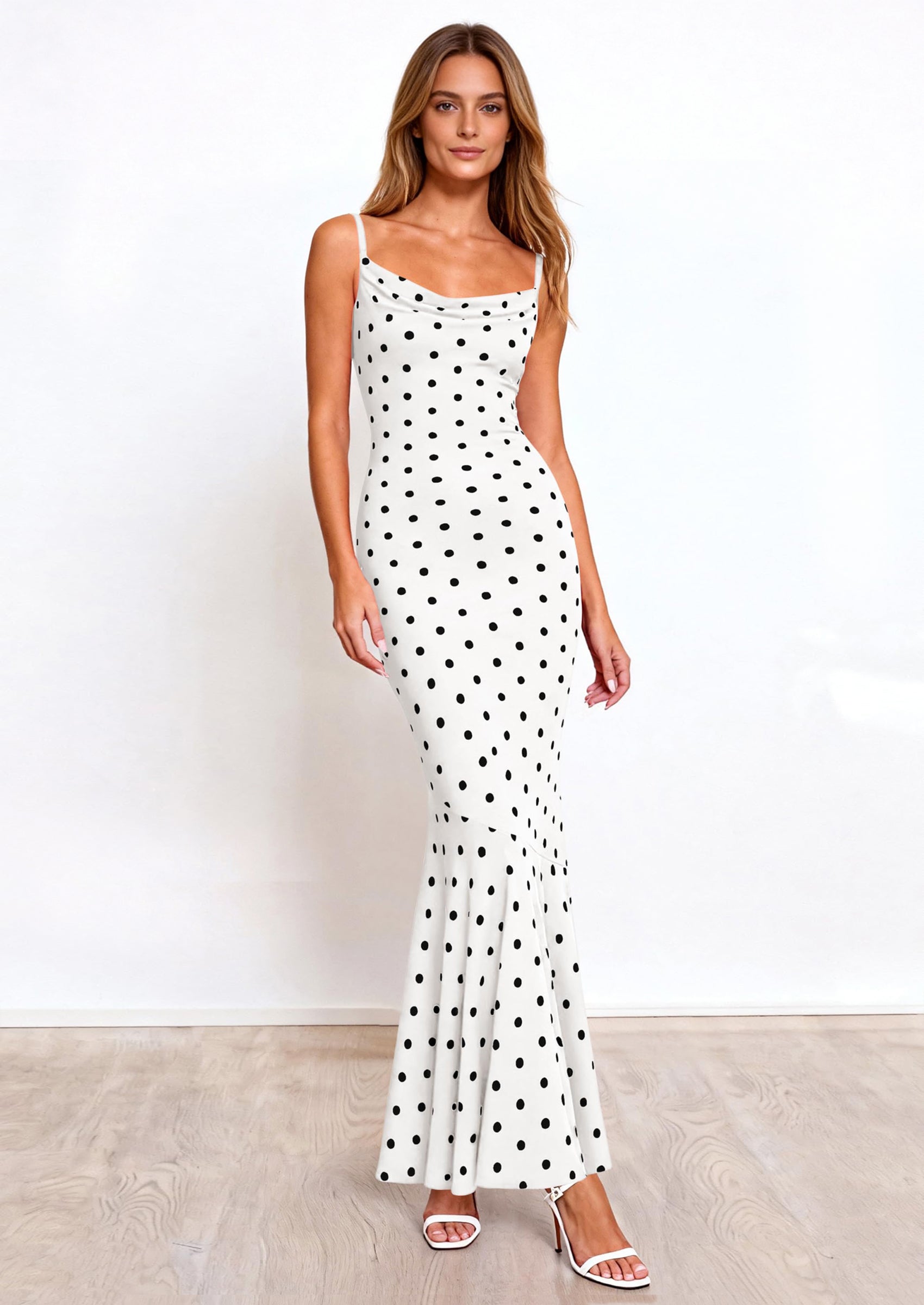 PRETTYGARDEN Womens Summer Dresses Polka Dot Spaghetti Strap Cowl Neck Bodycon Wedding Cocktail Mermaid Maxi Dress PRETTYGARDEN