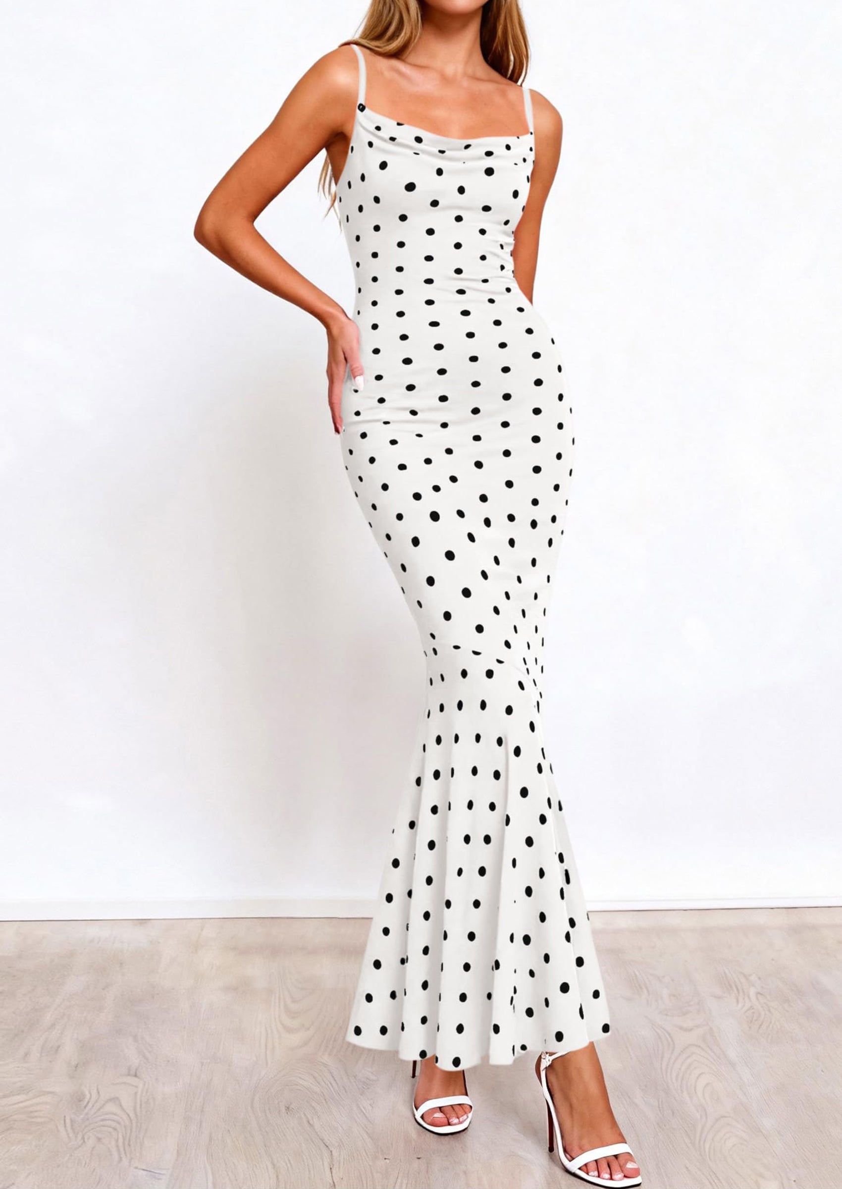 PRETTYGARDEN Womens Summer Dresses Polka Dot Spaghetti Strap Cowl Neck Bodycon Wedding Cocktail Mermaid Maxi Dress PRETTYGARDEN