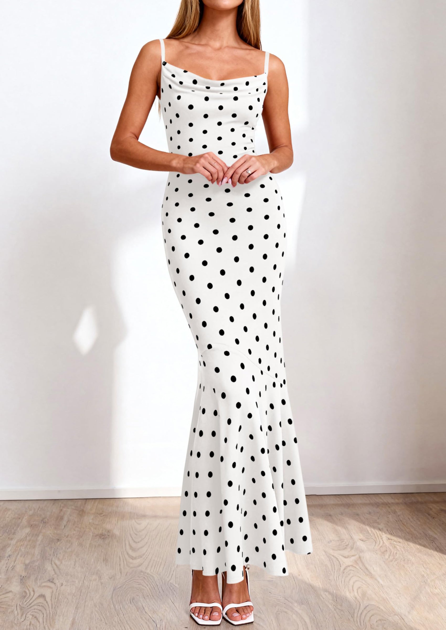 PRETTYGARDEN Womens Summer Dresses Polka Dot Spaghetti Strap Cowl Neck Bodycon Wedding Cocktail Mermaid Maxi Dress PRETTYGARDEN