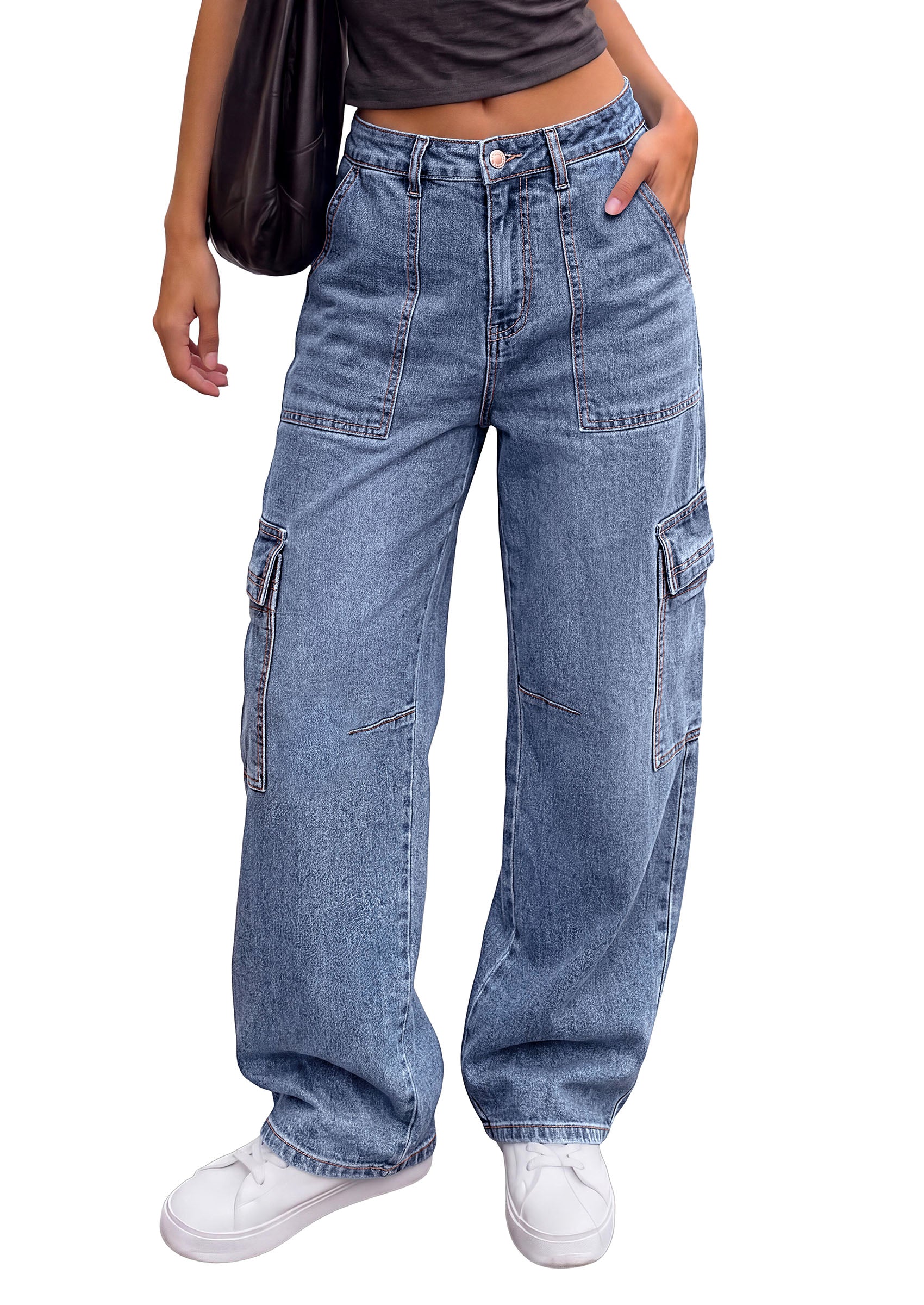 PRETTYGARDEN Barrel Pants Women Wide Leg Baggy Denim Jeans  Relaxed Fit,Utility Pockets,Loose Streetwear,Boyfriend Style,Y2K Outfits,Fashion Cargo Pants,Fall Clothes