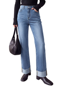 PRETTYGARDEN Women's Baggy Denim Jeans Wide Leg Pants | Stretchy High Waisted, Straight Leg Pockets, Cuffed Raw Hem Boyfriend, Trendy Bottoms, Fall Fashion Clothes, Casual Outfits