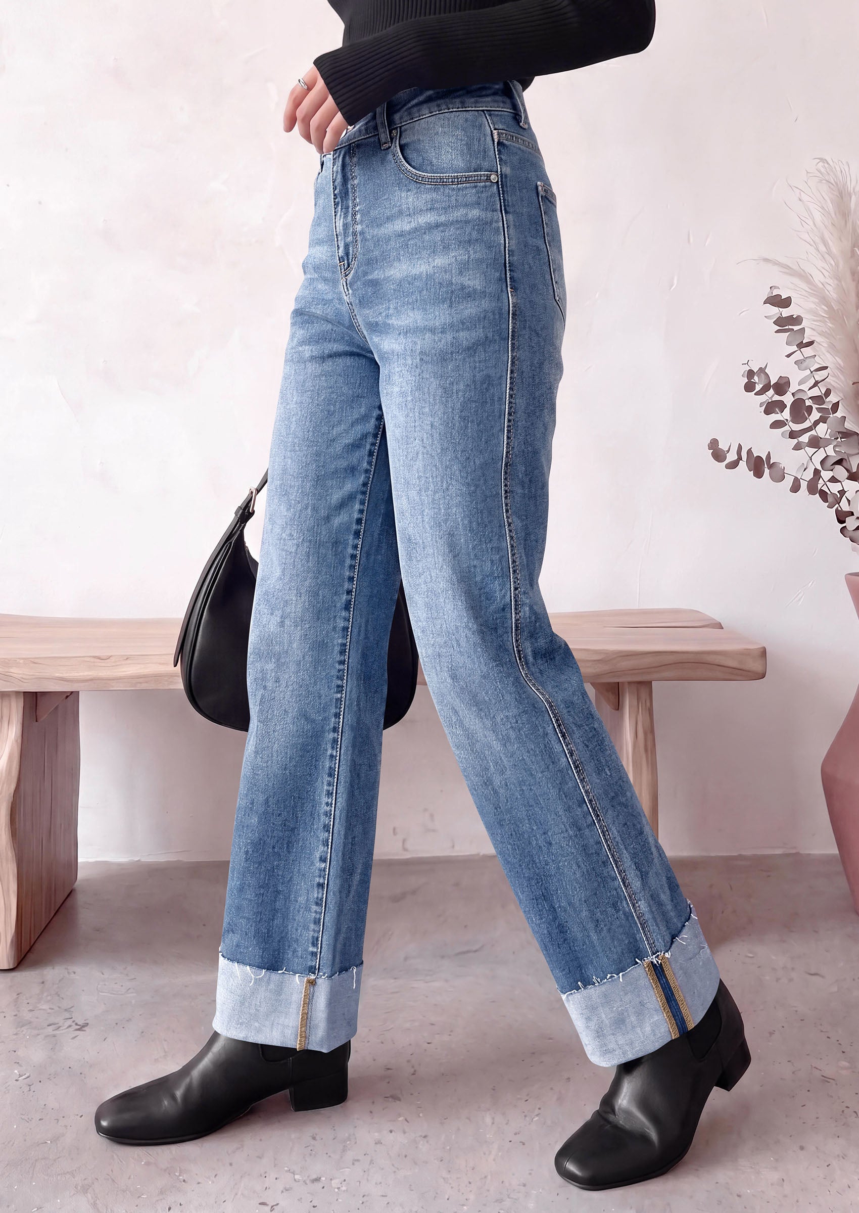 PRETTYGARDEN Women's Baggy Denim Jeans Wide Leg Pants | Stretchy High Waisted, Straight Leg Pockets, Cuffed Raw Hem Boyfriend, Trendy Bottoms, Fall Fashion Clothes, Casual Outfits