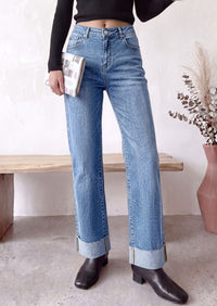 PRETTYGARDEN Women's Baggy Denim Jeans Wide Leg Pants | Stretchy High Waisted, Straight Leg Pockets, Cuffed Raw Hem Boyfriend, Trendy Bottoms, Fall Fashion Clothes, Casual Outfits