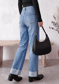 PRETTYGARDEN Women's Baggy Denim Jeans Wide Leg Pants | Stretchy High Waisted, Straight Leg Pockets, Cuffed Raw Hem Boyfriend, Trendy Bottoms, Fall Fashion Clothes, Casual Outfits