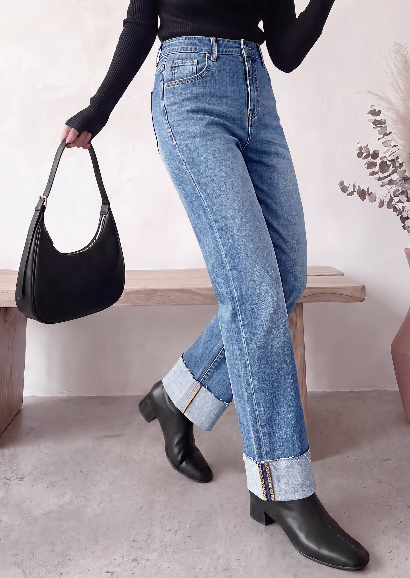 PRETTYGARDEN Women's Baggy Denim Jeans Wide Leg Pants | Stretchy High Waisted, Straight Leg Pockets, Cuffed Raw Hem Boyfriend, Trendy Bottoms, Fall Fashion Clothes, Casual Outfits