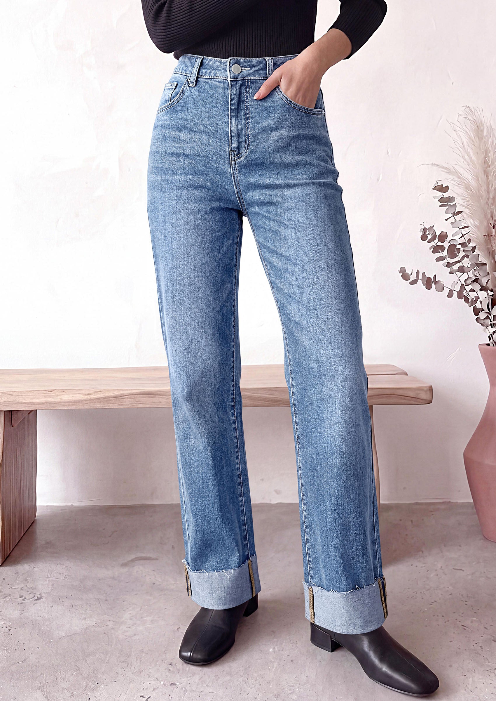 PRETTYGARDEN Women's Baggy Denim Jeans Wide Leg Pants | Stretchy High Waisted, Straight Leg Pockets, Cuffed Raw Hem Boyfriend, Trendy Bottoms, Fall Fashion Clothes, Casual Outfits