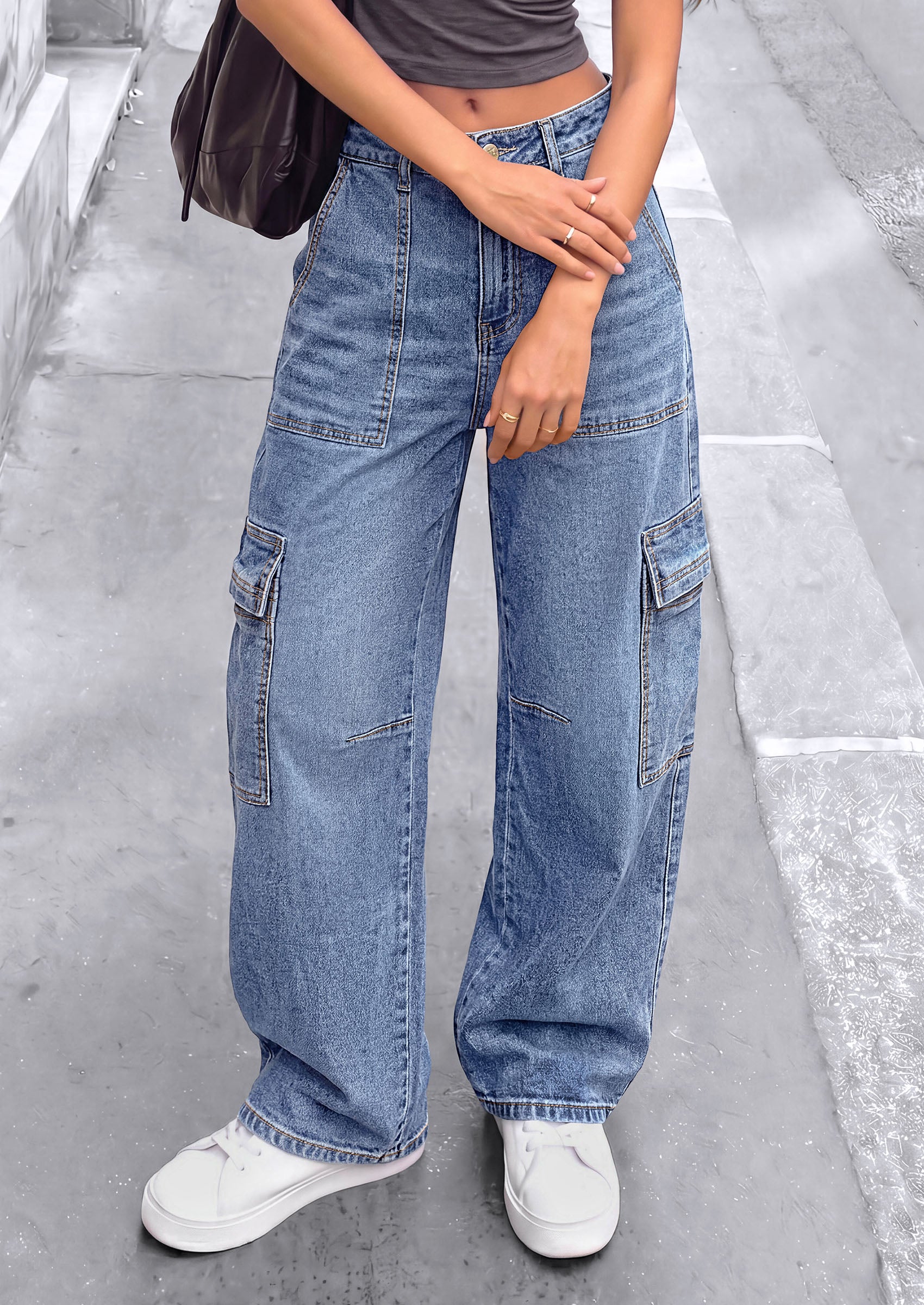 PRETTYGARDEN Barrel Pants Women Wide Leg Baggy Denim Jeans  Relaxed Fit,Utility Pockets,Loose Streetwear,Boyfriend Style,Y2K Outfits,Fashion Cargo Pants,Fall Clothes