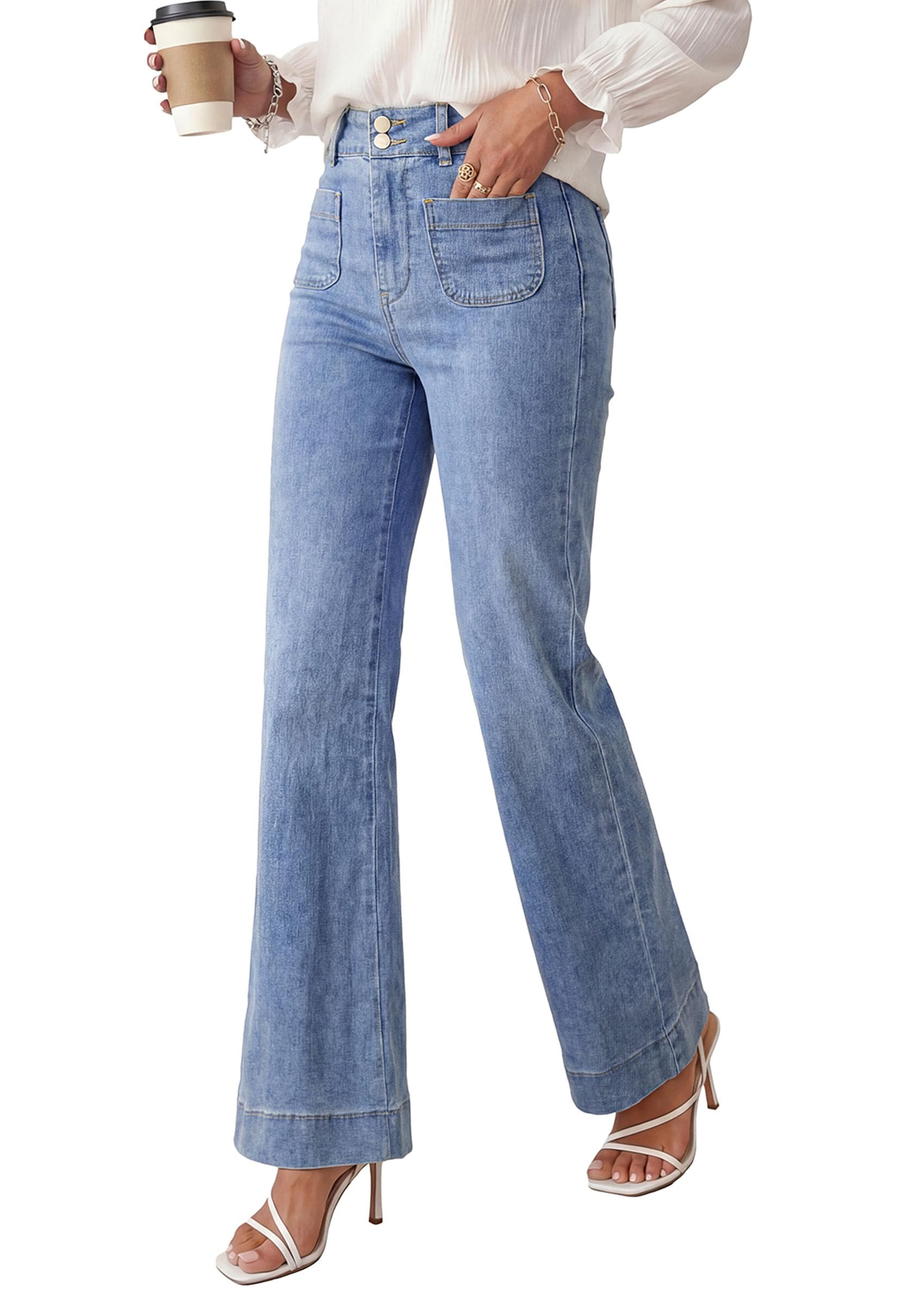 PRETTYGARDEN Womens Wide Leg Jeans High Waisted Stretchy|High Rise Bootcut Jeans with Front Patch Pockets, Loose Fit Daily Wear Denim, Trendy Work Pants, Business Casual Outfits