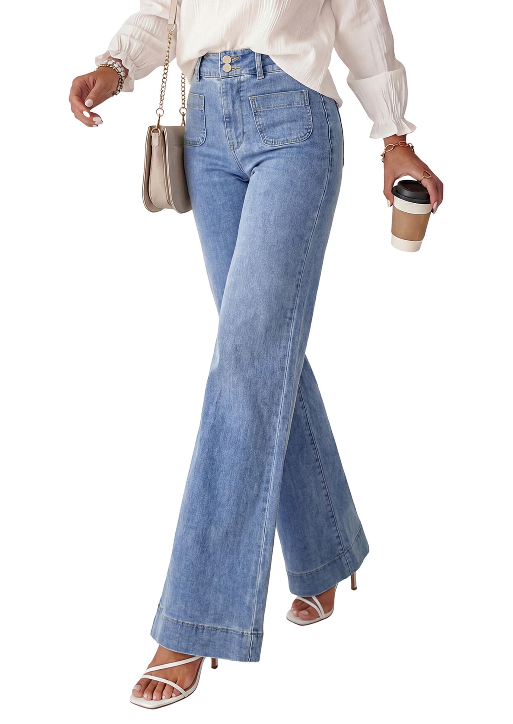 PRETTYGARDEN Womens Wide Leg Jeans High Waisted Stretchy|High Rise Bootcut Jeans with Front Patch Pockets, Loose Fit Daily Wear Denim, Trendy Work Pants, Business Casual Outfits