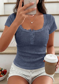 PRETTYGARDEN Summer Tops for Women Short Sleeve Lace Trim Slim Fitted Henley Tee Shirts Y2K Fashion Clothing PRETTYGARDEN