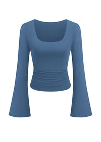 PRETTYGARDEN Womens Long Bell Sleeve Going Out Tops Fall Fashion 2026 Square Neck Ruched Ribbed Shirts Winter Y2K Clothes