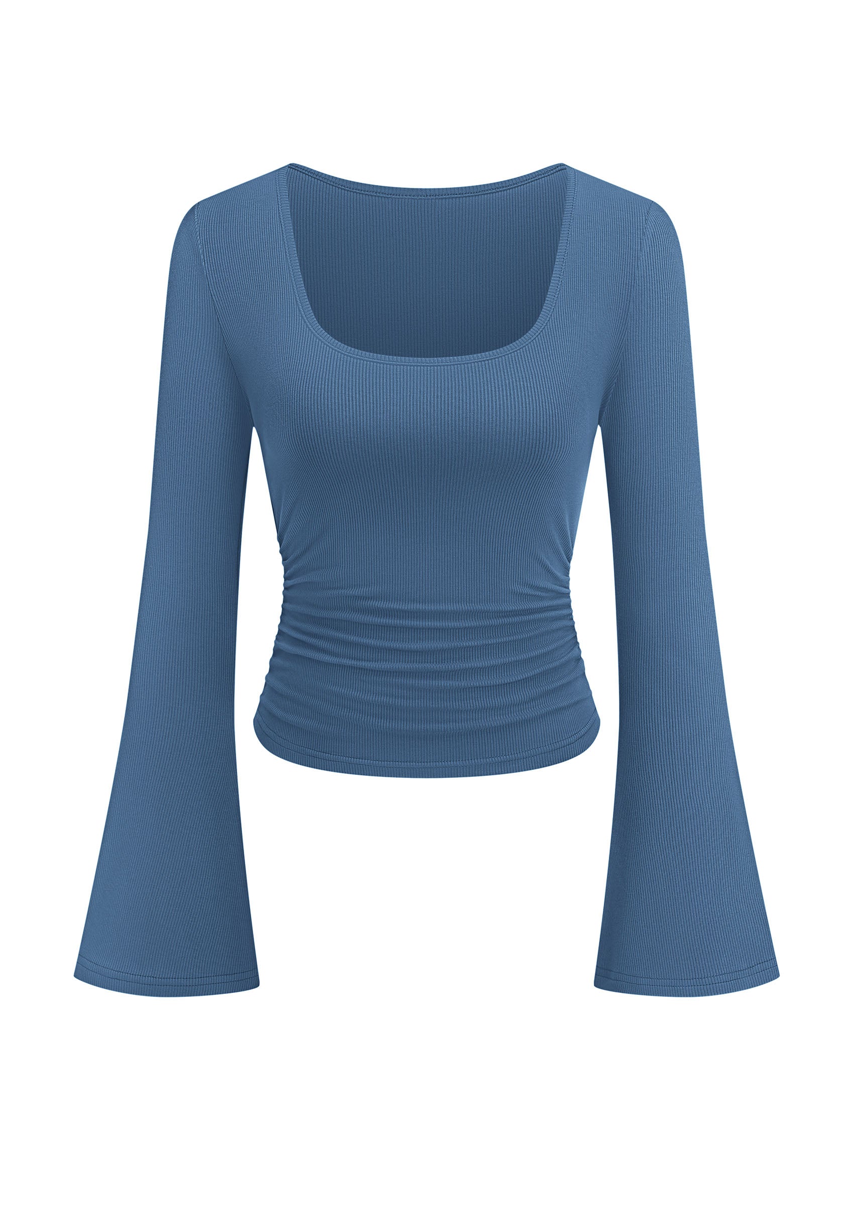 PRETTYGARDEN Womens Long Bell Sleeve Going Out Tops Fall Fashion 2026 Square Neck Ruched Ribbed Shirts Winter Y2K Clothes
