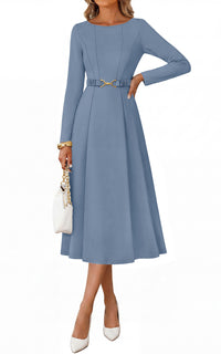 PRETTYGARDEN Women's Fall Long Sleeve Semi Formal Midi Dresses with Pockets Boat Neck, Metal Buckle Tie Waist, Flowy A Line, Elegant Classy Wedding Guest Cocktail Party Dress, Business Casual Outfits
