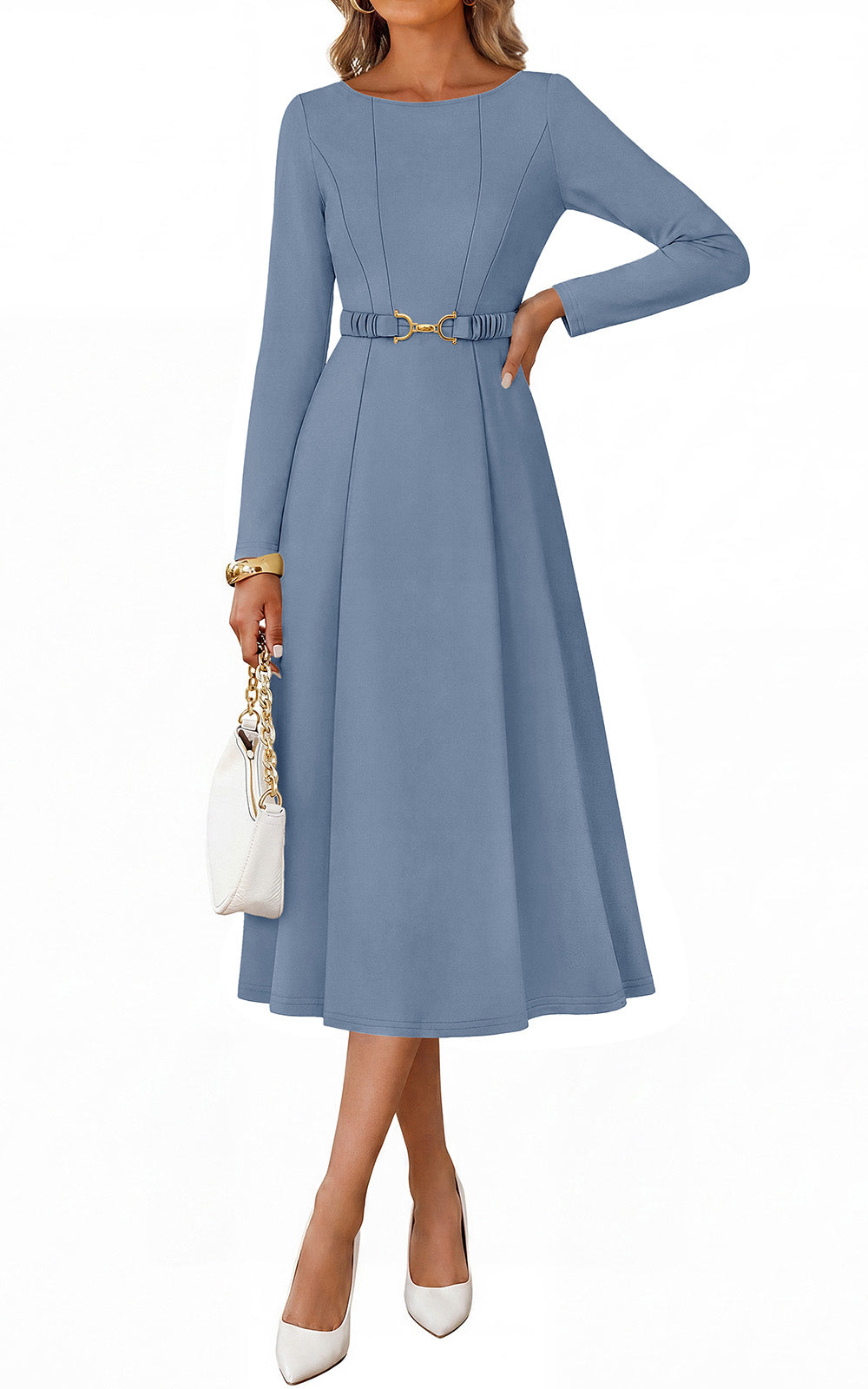 PRETTYGARDEN Women's Fall Long Sleeve Semi Formal Midi Dresses with Pockets Boat Neck, Metal Buckle Tie Waist, Flowy A Line, Elegant Classy Wedding Guest Cocktail Party Dress, Business Casual Outfits