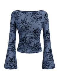 PRETTYGARDEN Women's Bell Sleeve Floral Mesh Crop Tops | Slim Fitted Shirts, Long Sleeve Going Out Top, Ruched Front, Boat Neck, Casual Blouses, Fall Date Night Outfits, Y2K Clothes