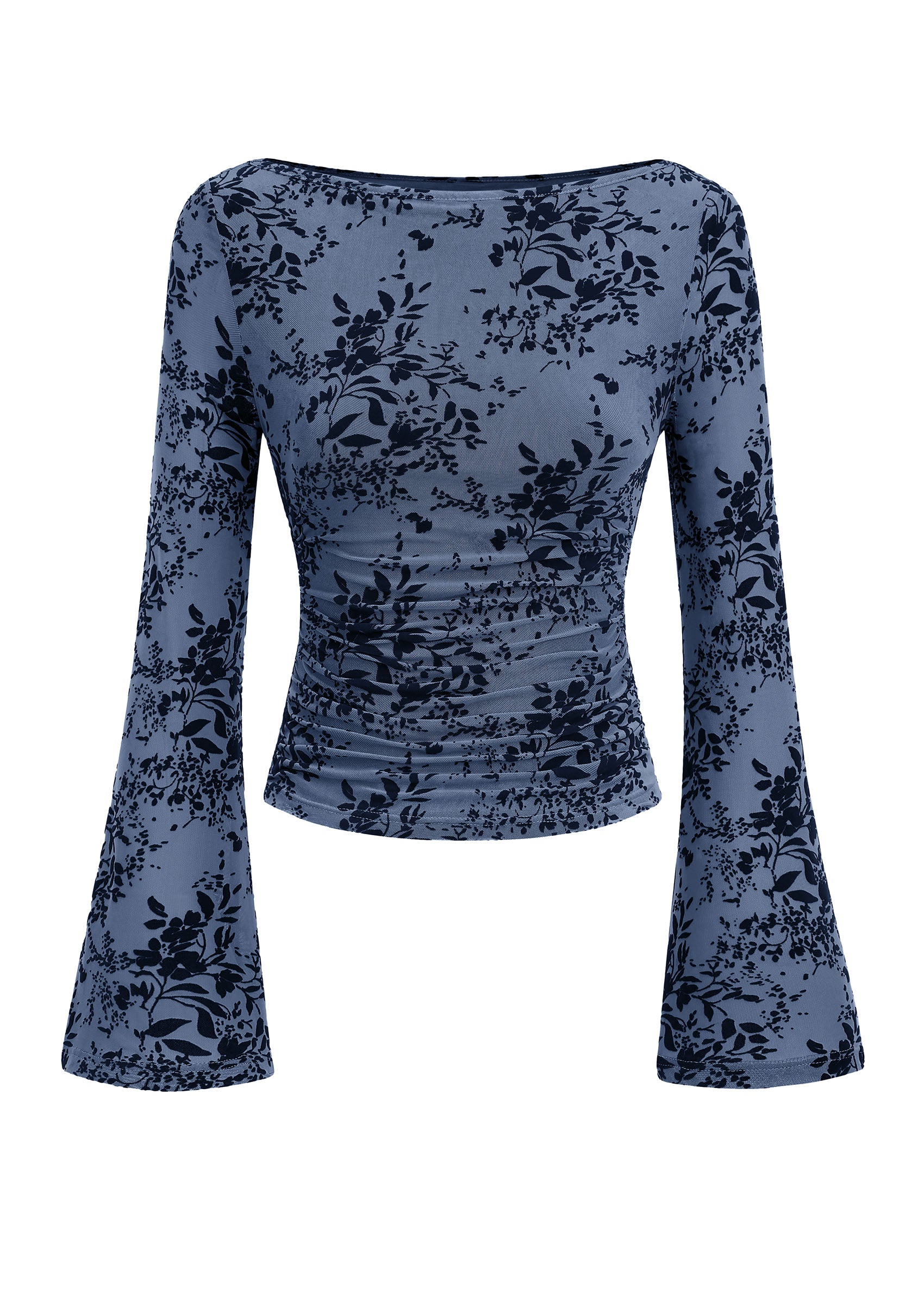 PRETTYGARDEN Women's Bell Sleeve Floral Mesh Crop Tops | Slim Fitted Shirts, Long Sleeve Going Out Top, Ruched Front, Boat Neck, Casual Blouses, Fall Date Night Outfits, Y2K Clothes